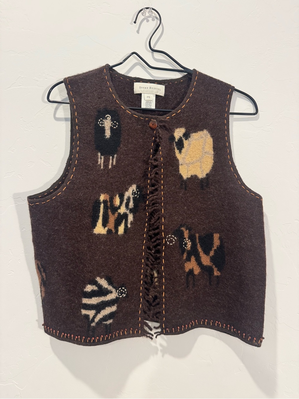 Susan Bristol Brown Wool Vest w Sheep Motifs- Farmhouse Cottage Twee Grandma